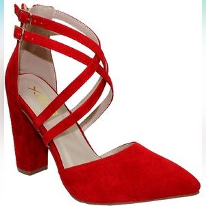 SHARY-6 RED SUEDE POINTED TOE HEEL WITH CROSSED ANKLE STRAP